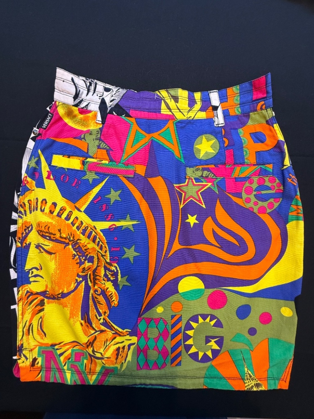 90s Versace Jeans NY City mini skirt, B/W front, colorful back, Italy made, EU44